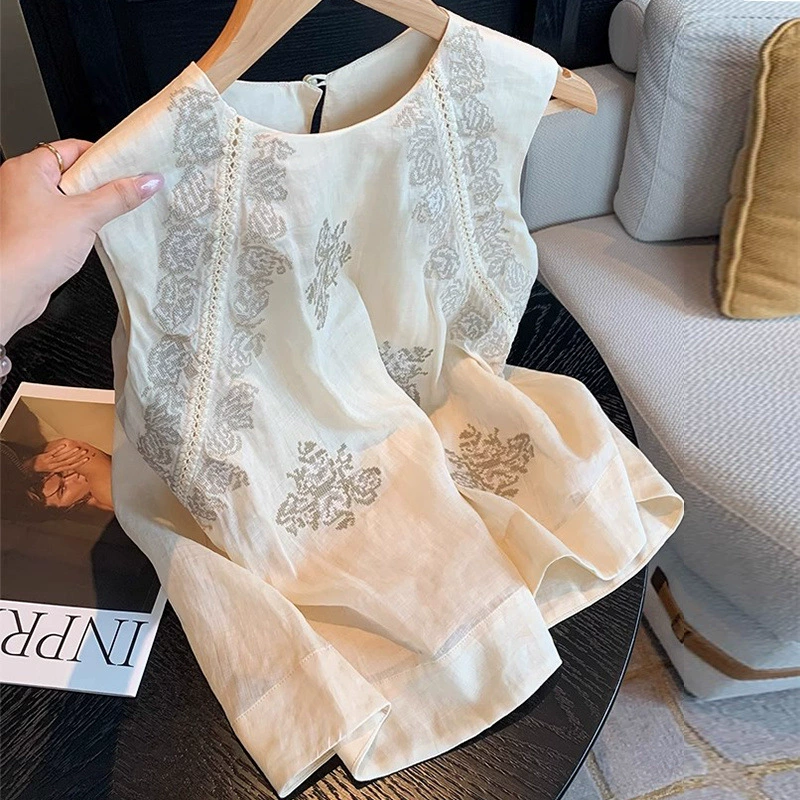 Женский жилет без рукавов с круглым вырезом и цветочной тяжелой вышивкой из рами, летний дизайн с уникальным винтажным ленивым стилем, тонкий топ.