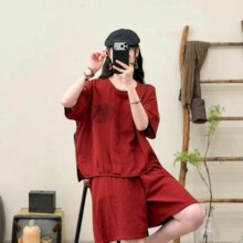文艺复古双纱套装女 2026夏季新品 宽松圆领短袖短裤大码两件套