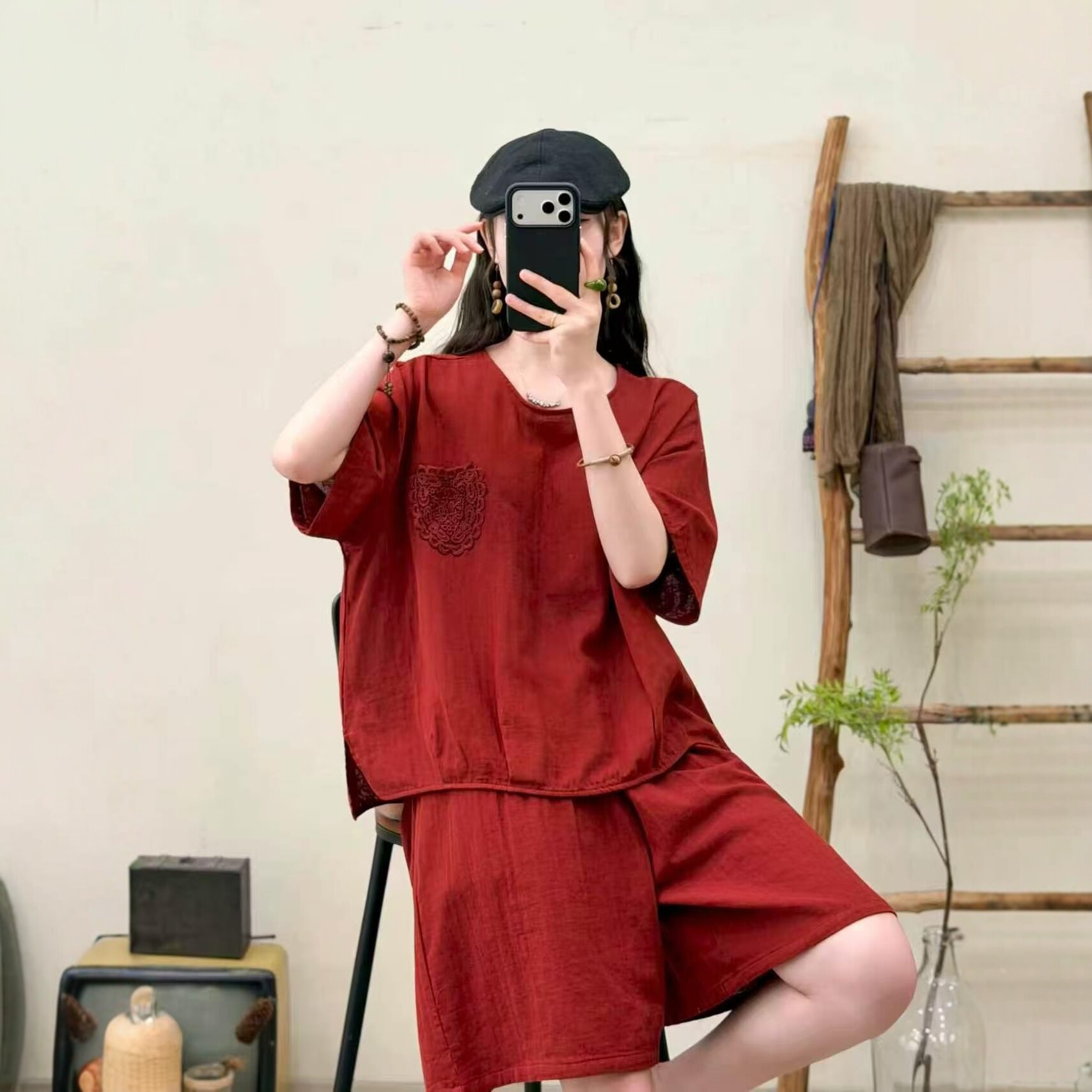 文艺复古双纱套装女 2026夏季新品 宽松圆领短袖短裤大码两件套