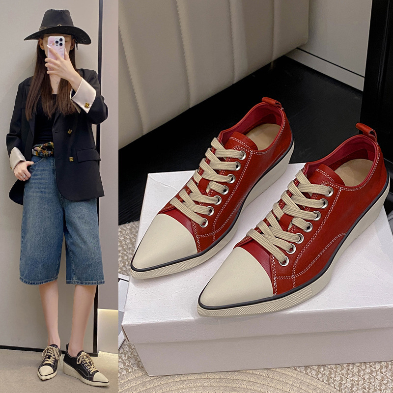 New wedge-heeled pointed-toe washed horsehide canvas shoes, height-increasing genuine leather thick-soled casual shoes for petite individuals that make legs look longer