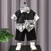 Новая рубашка в китайском стиле для мальчиков Hanfu, летний комплект с короткими рукавами, красивый детский костюм Тан, рубашка, костюм для выступления в детском саду для малышей.