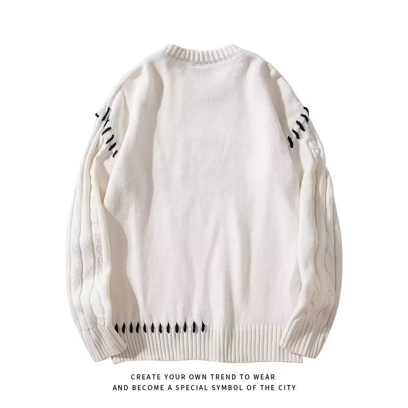 Tendencia de moda 2024 National Tide diseño original sentido alfabeto bordado correa torcido cuello redondo suelto suéter de nicho masculino