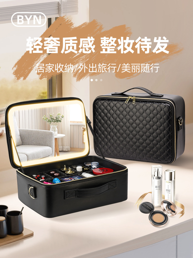 Bolsa de maquillaje de gran capacidad para mujeres con espejo, lámpara de maquillaje, caja de maquillaje profesional con maquillaje, bolsas de sensación avanzada