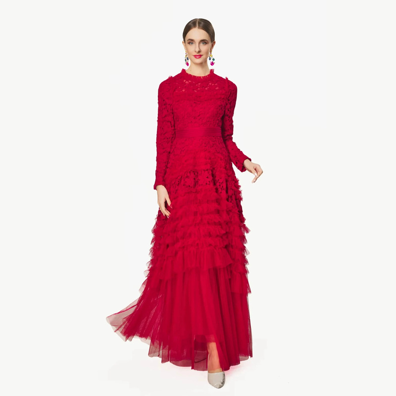 Banquet Dress 2026 Summer Lace Long Dress Long Sleeve High Waist Multi-layer Mesh Large Hem Evening Ball Gown Banquet Dress 2026 Summer Lace Long Dress Long Sleeve High Waist Multi-layer Mesh Large Hem Evening Ball Gown