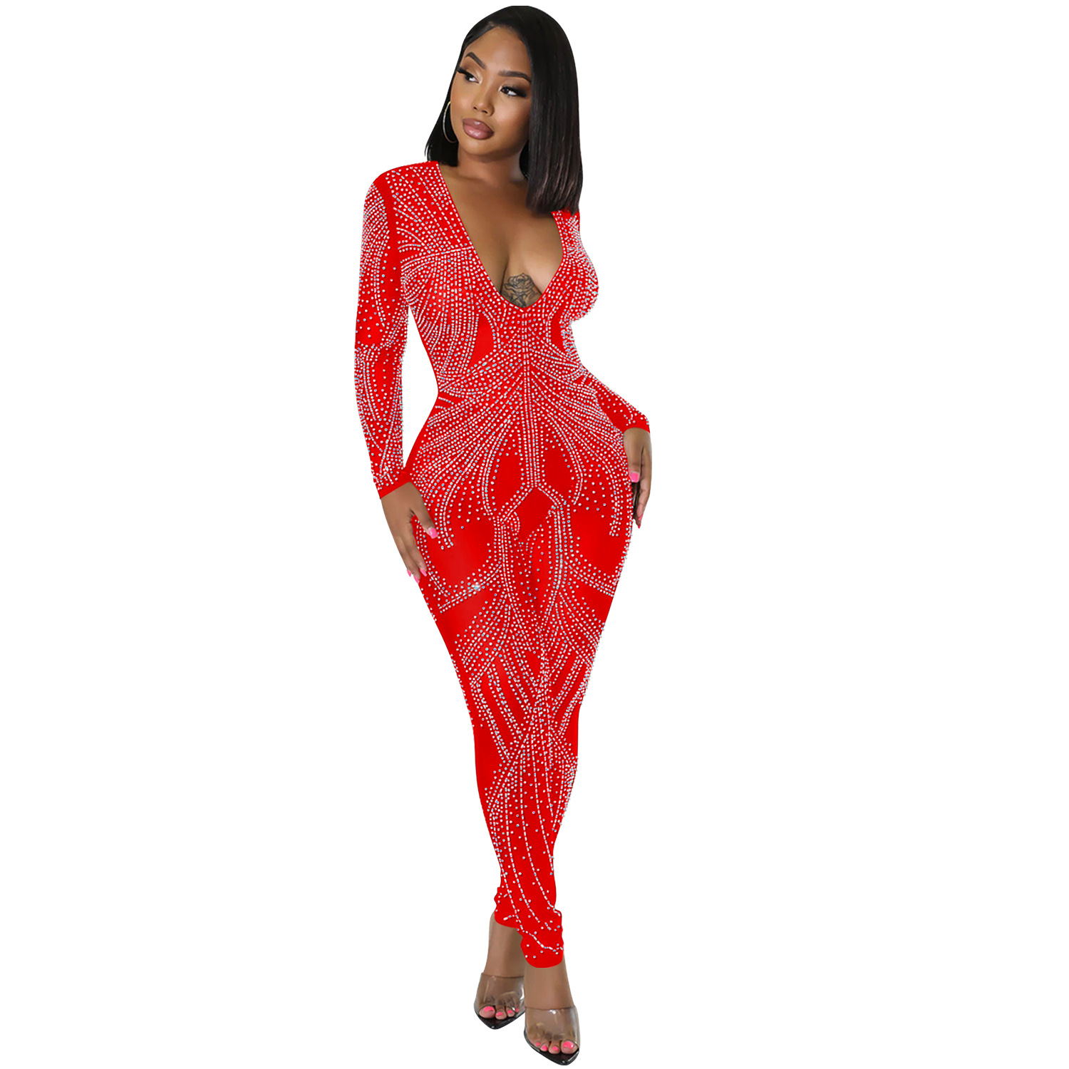 C5885 AliExpress Amazon moda europea y americana sexy nightclub malla transparente de manga larga con cuello en V pantalones Mono para las mujeres image 8