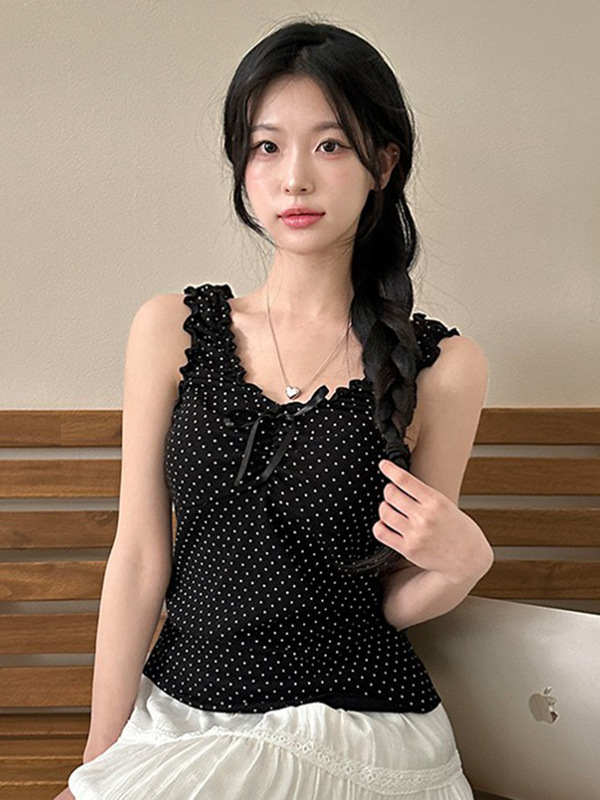 法式甜美少女风波点木耳边背心女修身显瘦V领绑带无袖打底上衣夏|undefined