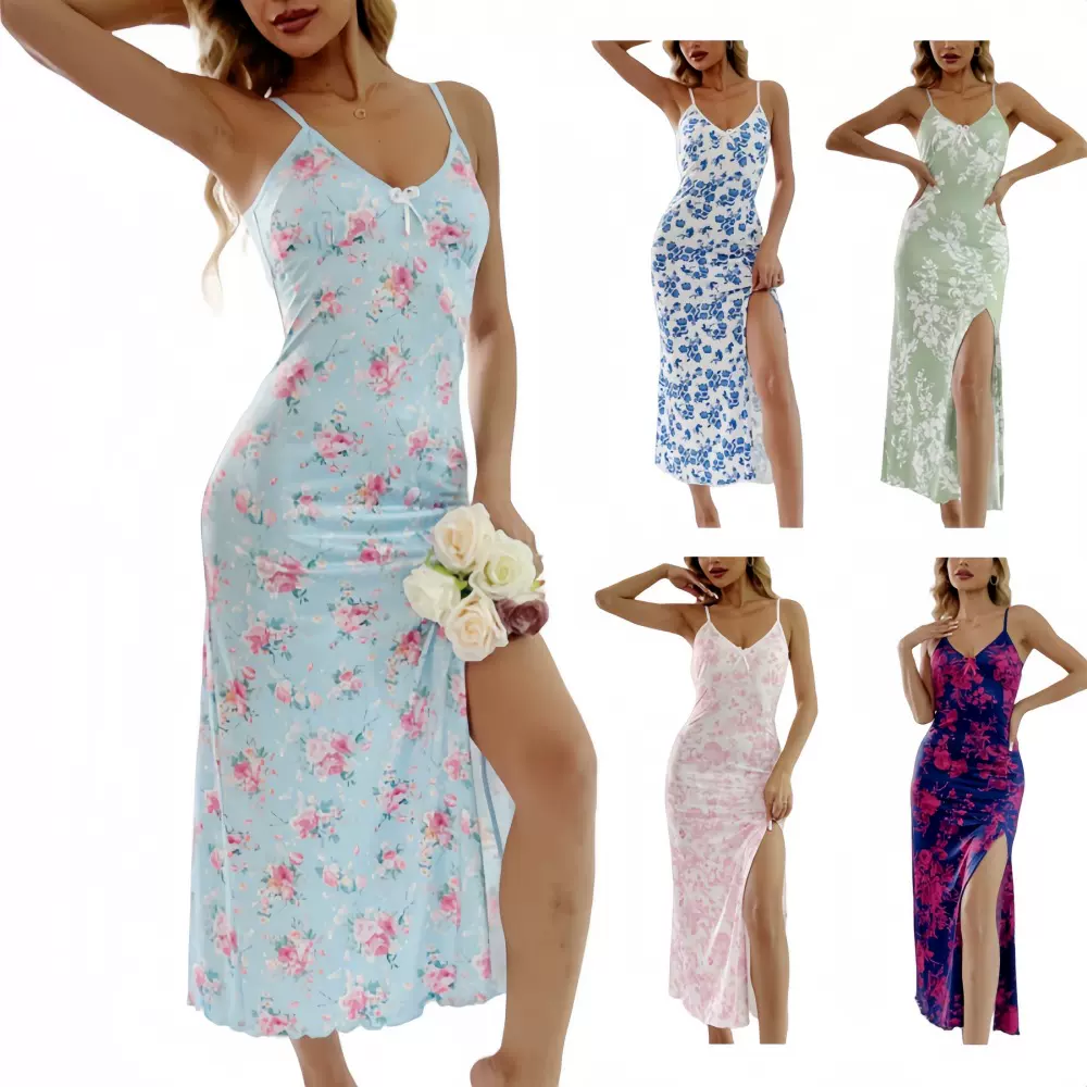 欧美跨境夏新款碎花印花开叉长款连衣裙欧美风吊带睡裙休闲慵懒风