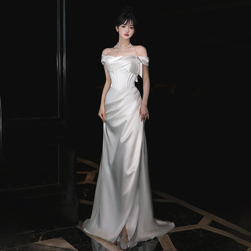 French-Style Bridal Light Wedding Dress for Women, Off-Shoulder Toast Dress, Engagement White Gown, High-End Banquet Elegant Evening Dress French-Style Bridal Light Wedding Dress for Women, Off-Shoulder Toast Dress, Engagement White Gown, High-End Banquet Elegant Evening Dress