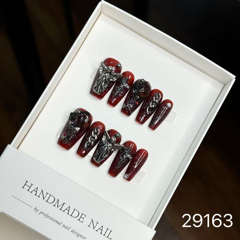 【純手作りのつけ爪29-32】ロングフレンチキャットアイパッチ付け爪、取り外し可能なネイルアートコレクション|undefined