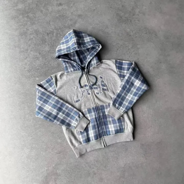 Syna Plaid Panelled Zip Sweater Grey Blue