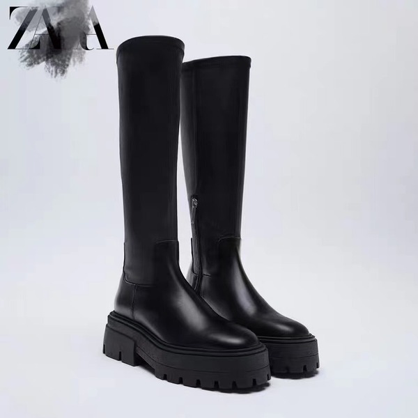 Winter black leather high boots platform