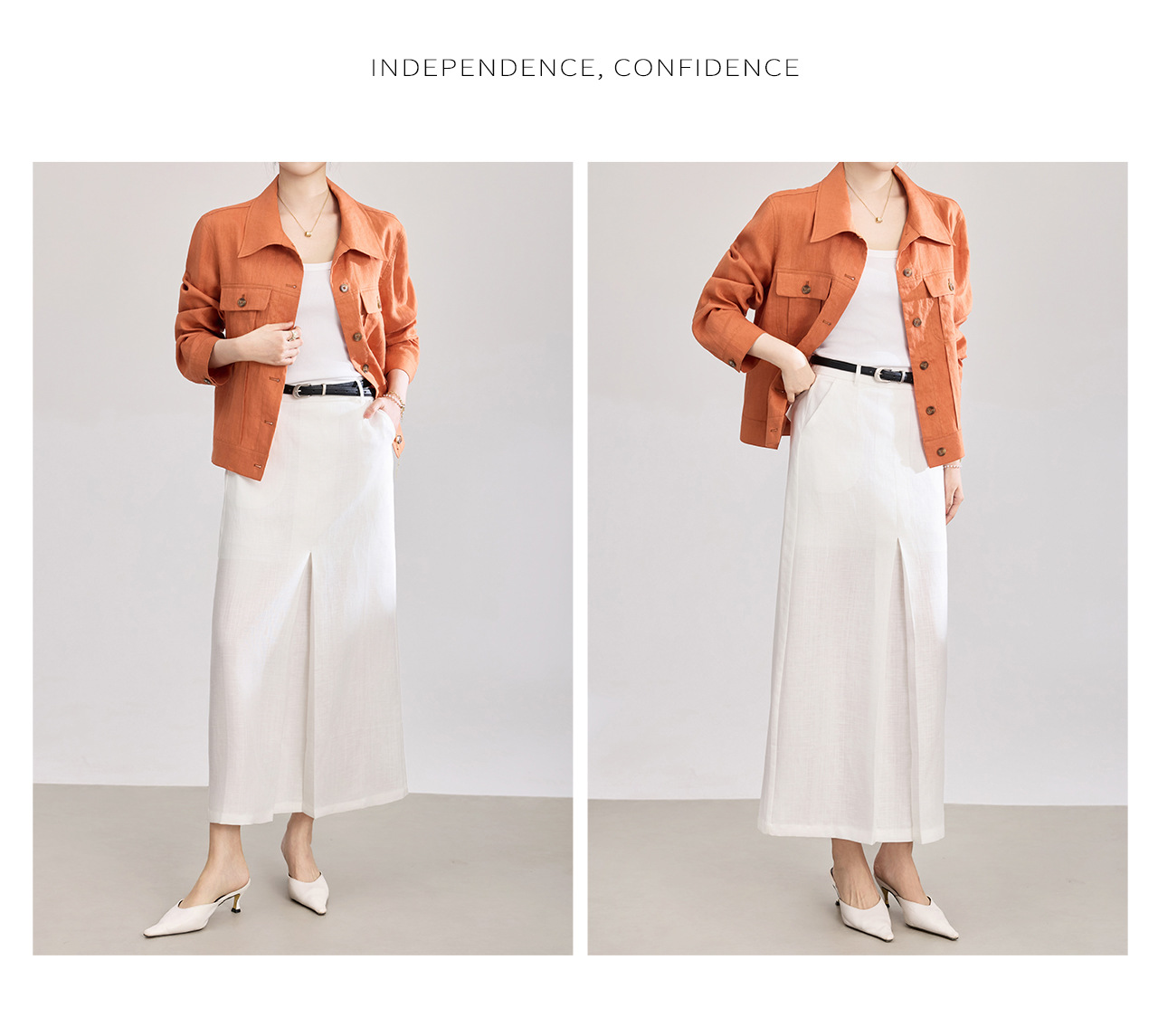 Chân váy xếp ly nữ cạp trung thấp, chất liệu tencel linen phối sọc răng cưa, xẻ tà — Xanh lông mòng đen chi tiết 13