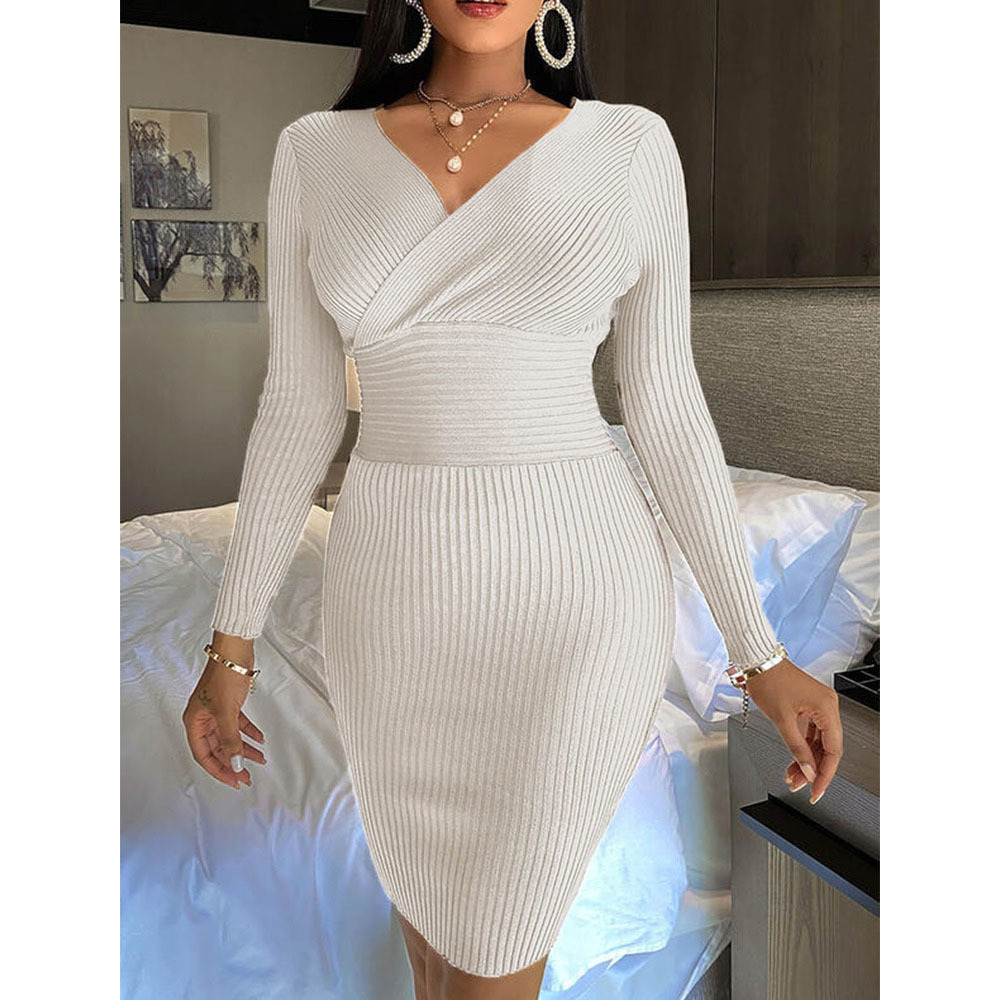 Deep V Long-Sleeved Threaded Tight Package Hip Dress NSBTY84870