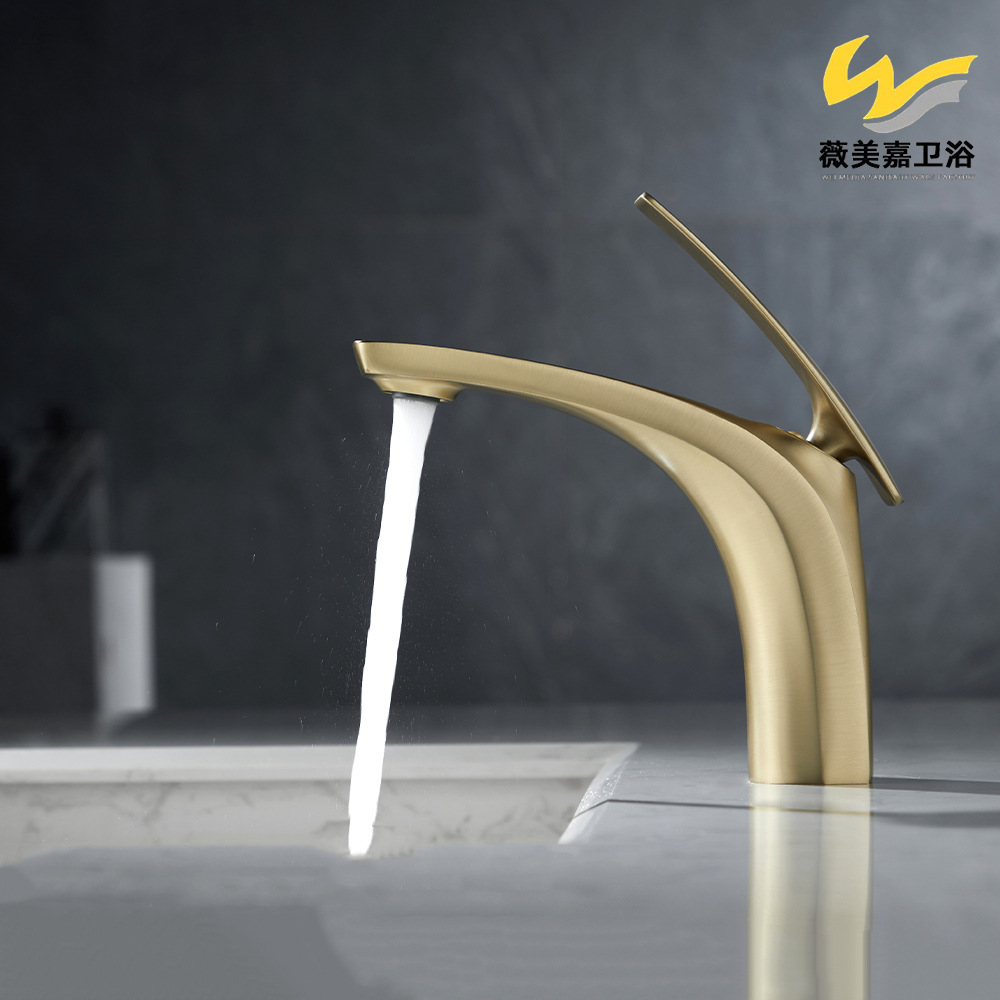 Cross-Border All-Copper Brushed Gold Pressurized Bathroom Basin Washbasin Bathroom Hot and Cold Water Ceramic Core Faucet