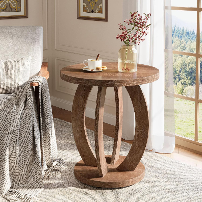 Nordic-style round wooden side table, sofa corner storage table, compact decorative floor-standing table for bedroom bedside