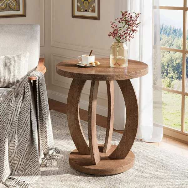 Nordic-style round wooden side table, sofa corner storage table, compact decorative floor-standing table for bedroom bedside