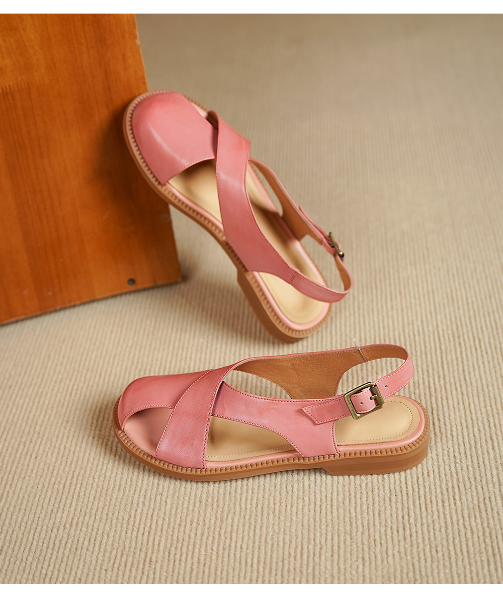 Dép sandal nữ quai chữ V đơn giản da bò mềm đế bệt — màu hồng chi tiết 11