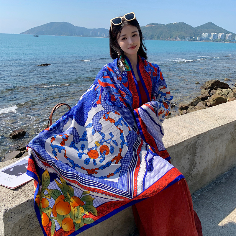 Nuevo estilo étnico rojo y azul flor impresa algodón y lino sensación bufanda playa viajes sol protección ligera Toalla de playa