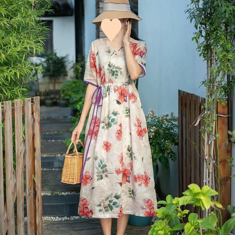 Высококачественное женское платье из французского хлопка и льна с принтом больших размеров, новая длинная юбка выше колена с завязками и большим подолом