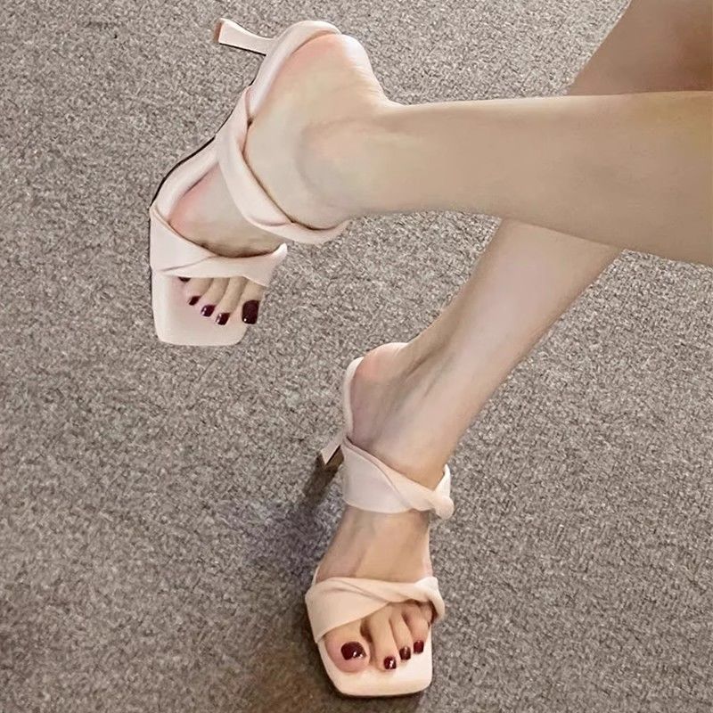 High Heels for Women 2025 Summer New Square Toe Stiletto Pink One-Strap Sandals Open Toe Versatile Outer Slippers