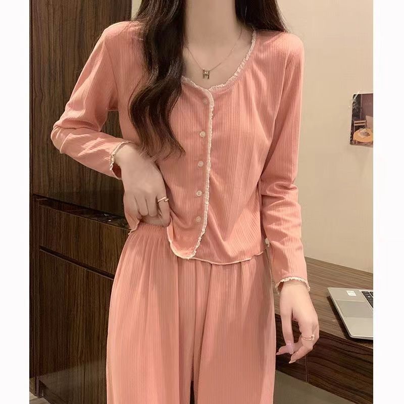 Pijamas de color sólido simples transfronterizos mujeres primavera y otoño coreano dulce rebeca casual pantalones de manga larga se pueden usar en el exterior