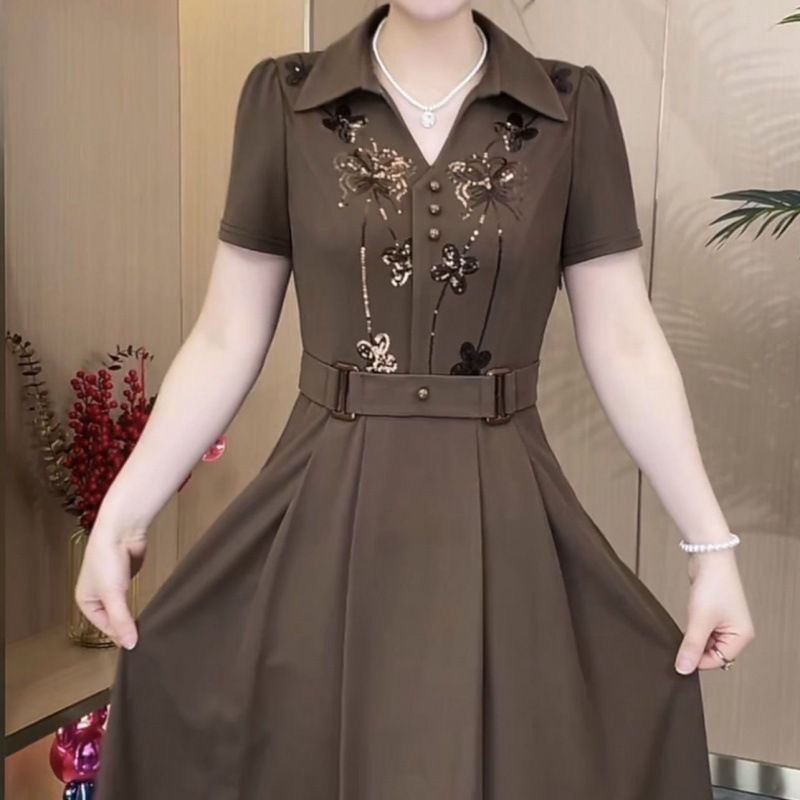 Western Style Dress 2025 New Summer Fashion Classy Sequined Polo Collar High Waist Covering Flesh and Slimming Look Mid-Length Women's Dress