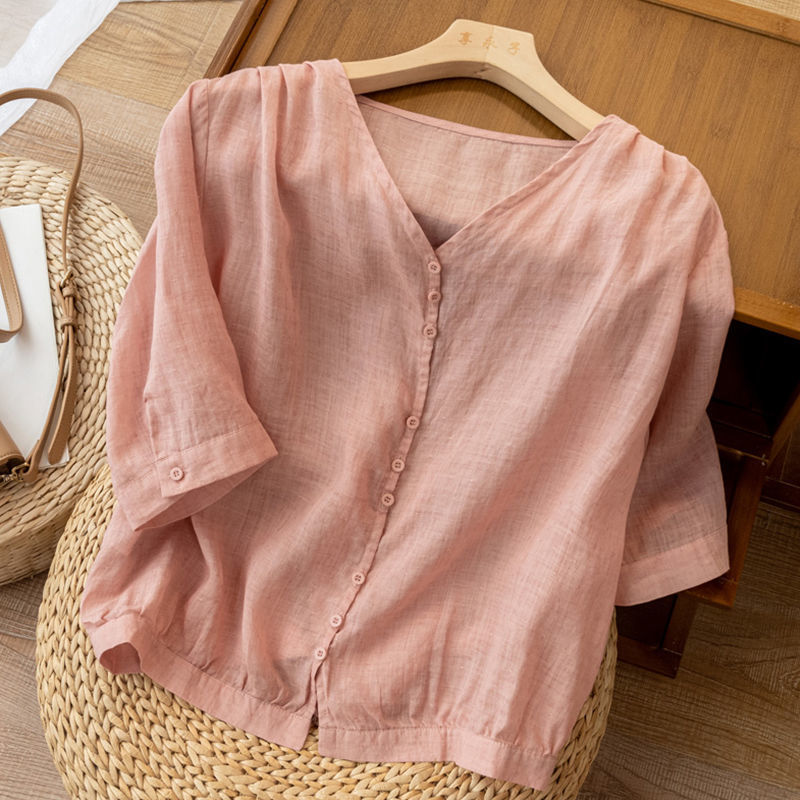 Cotton and Linen Thin V Neck Shirt for Women, Simple Literary Retro Outwear, Summer Thin Outwear, Women's K-style Loose Top for Women Cotton and Linen Thin V Neck Shirt for Women, Simple Literary Retro Outwear, Summer Thin Outwear, Women's K-style Loose Top for Women