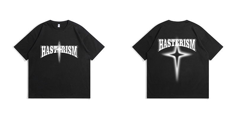 American High Street Fashion Brand T-shirt Men's Short Sleeve Star Print Loose Oversize Off Shoulder Cotton Round Neck_voghion.com