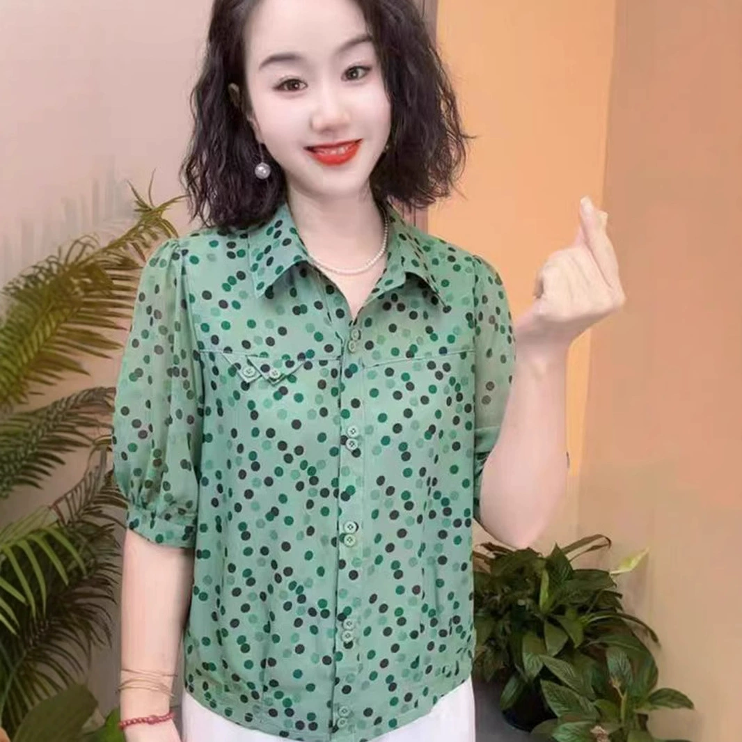 Новая летняя рубашка с короткими рукавами для мамы, модная и универсальная женская рубашка среднего возраста с круглым вырезом в горошек, топ