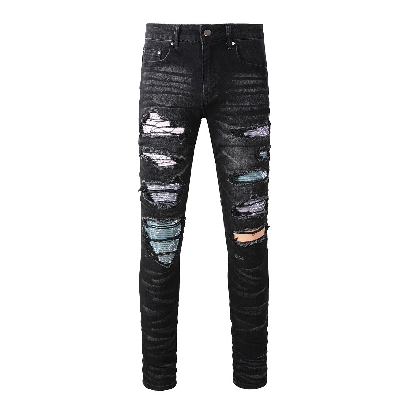 Men's Clothing ins same style cat whisker wrinkled color patchwork hole elastic slim fit skinny jeans jeans_voghion.com