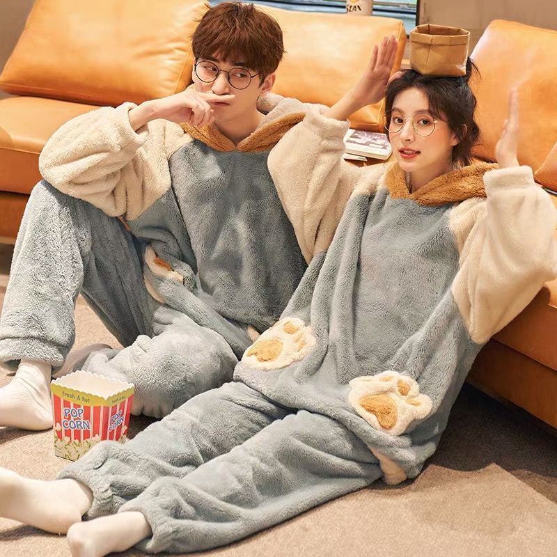 YI ROU QING 가을과 겨울 남자와 여자를위한 두꺼운 플란넬 커플 잠옷 따뜻한 산호 양털 겨울 홈 옷