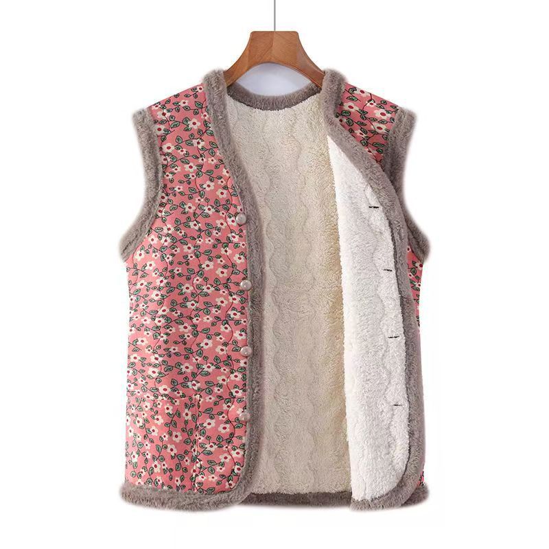 中高年の秋と冬のベルベット暖かいベスト、おばあちゃんの服、厚いチョッキ、母親の綿のベスト、花柄のベスト|undefined