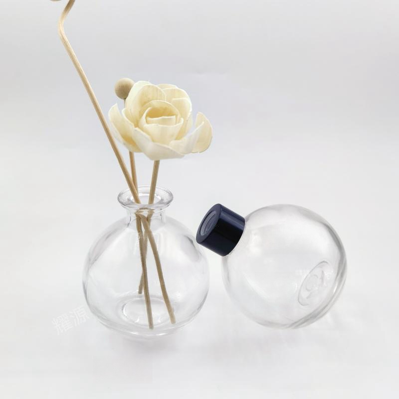 Botella de fragancia transparente con boca de tornillo en stock, botella de fragancia de vidrio esférica vacía, botella de fragancia de boca plana, botella de fragancia dividida