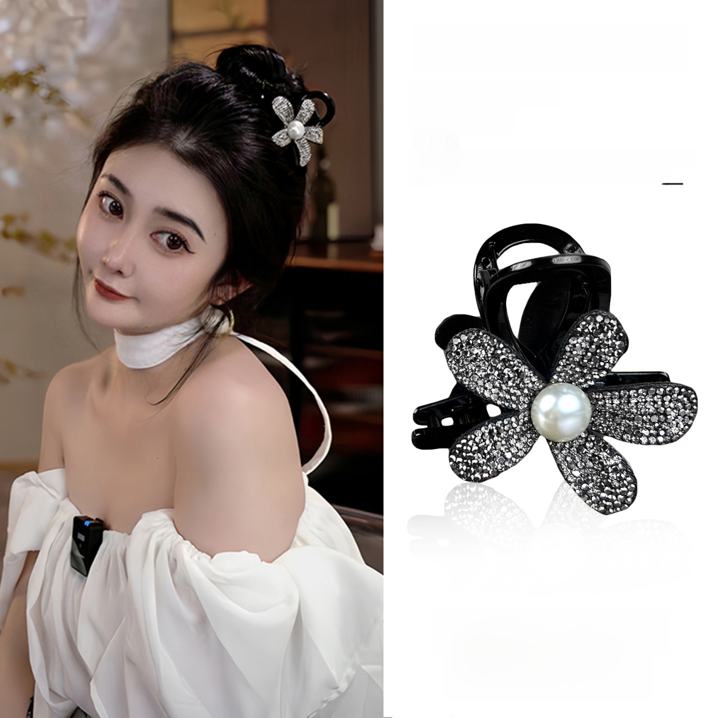 Leichter Luxus Strass Elegante Blume BB Clip Perle Mode Seitenclip Ponyclip Seitlicher Blitz Diamant Haarnadel Haarschmuck für Frauen_voghion.com