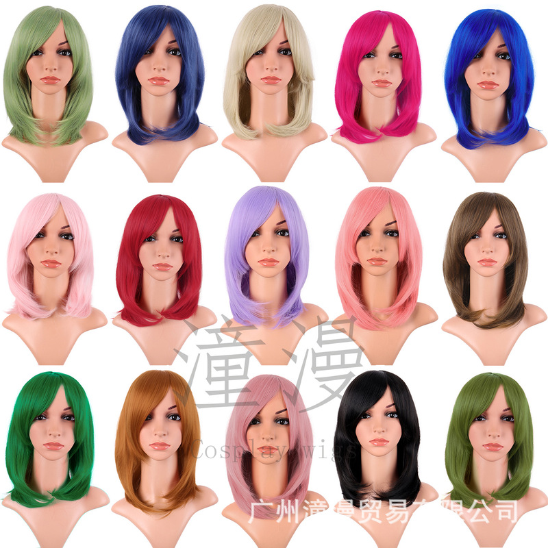 Anime Cosplay Wig for Women, Short Hair, Cute, 40cm, Golden Orange Mixed with Green and Light Purple, Versatile Performance Full Wig