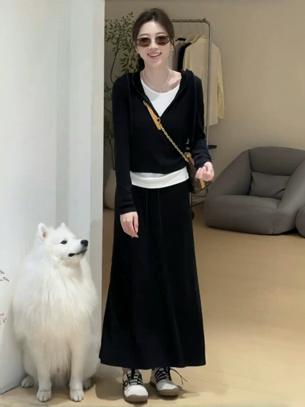 早秋减龄一整套穿搭女新款韩版假两件帽衫恤高腰半身裙套装|undefined