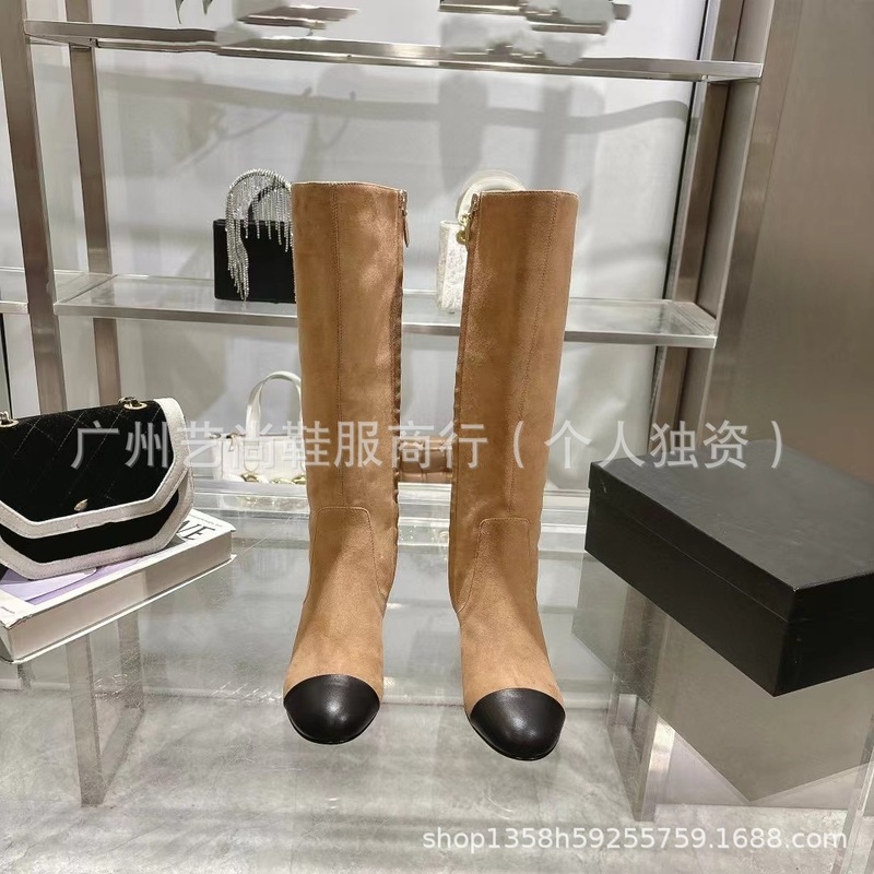 高版2025秋冬新款小香真皮圆头拼色复古粗跟高跟侧拉链高筒骑士靴|undefined