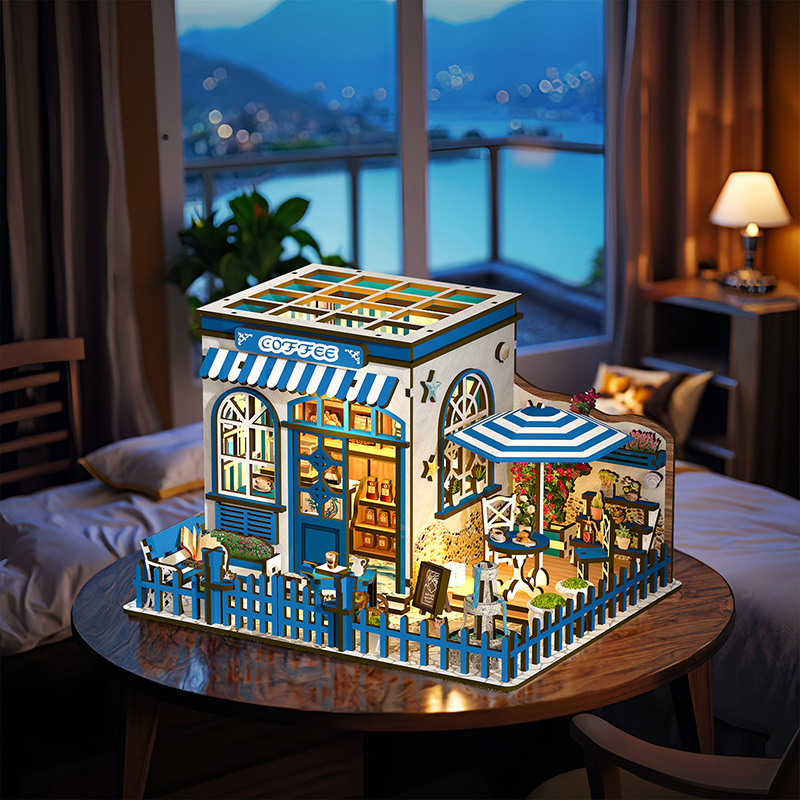 Santorini Sunshine Coffee DIY Cabin Blue Sea View Assembled Toy Handmade Miniature House Gift