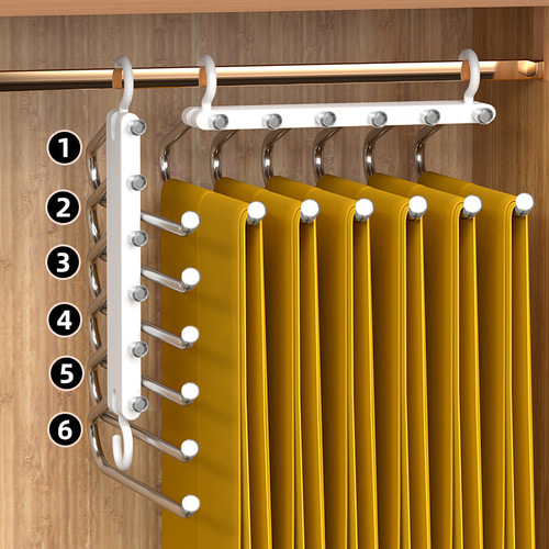 Folding trouser rack, telescopic multi-functional storage trouser rack, clothes hanger hook trouser rack, stainless steel multi-layer pull-out trouser hanger wholesale