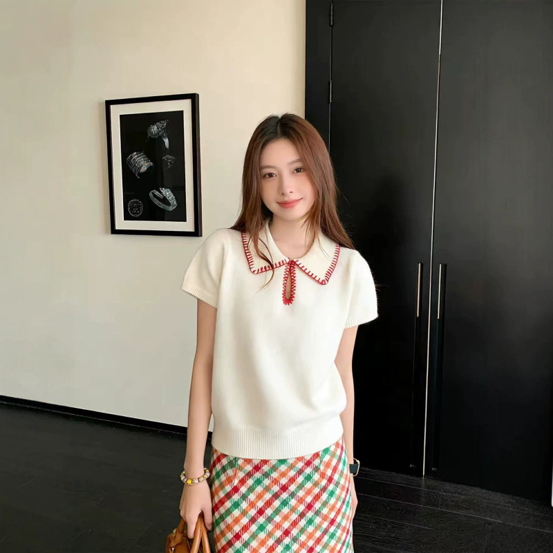 Contrast Color Polo Collar Knitted Short-Sleeved T-Shirt for Women 2026 Summer New Style Fashionable Age-Reducing Versatile Inner Wear Lapel Top Contrast Color Polo Collar Knitted Short-Sleeved T-Shirt for Women 2026 Summer New Style Fashionable Age-Reducing Versatile Inner Wear Lapel Top