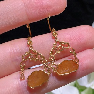 Natural Jade Earrings 18k Gold Inlay Full Honey Yellow Flowers Rich Earrings Jade Earrings