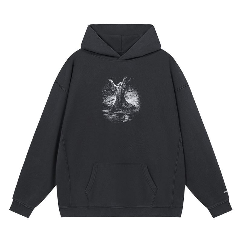 High Street MIEDO DE DIOS conjunto-nombre de la figura impresa lavada apenada suelta suéter con capucha europea y americana Sudadera con capucha moda