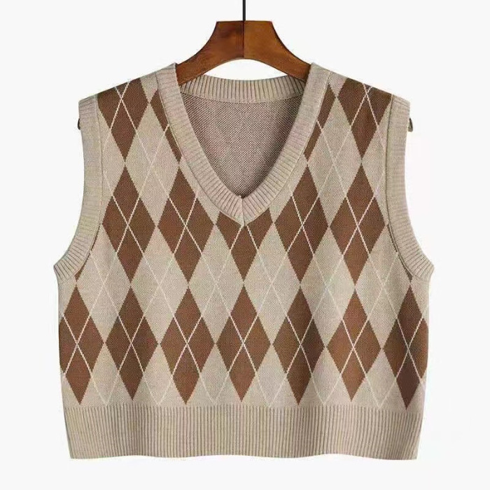 Loose pullover Rhombus chaleco desgaste exterior de las mujeres primavera y otoño 2023 nuevo retro apilados punto Chaleco corto