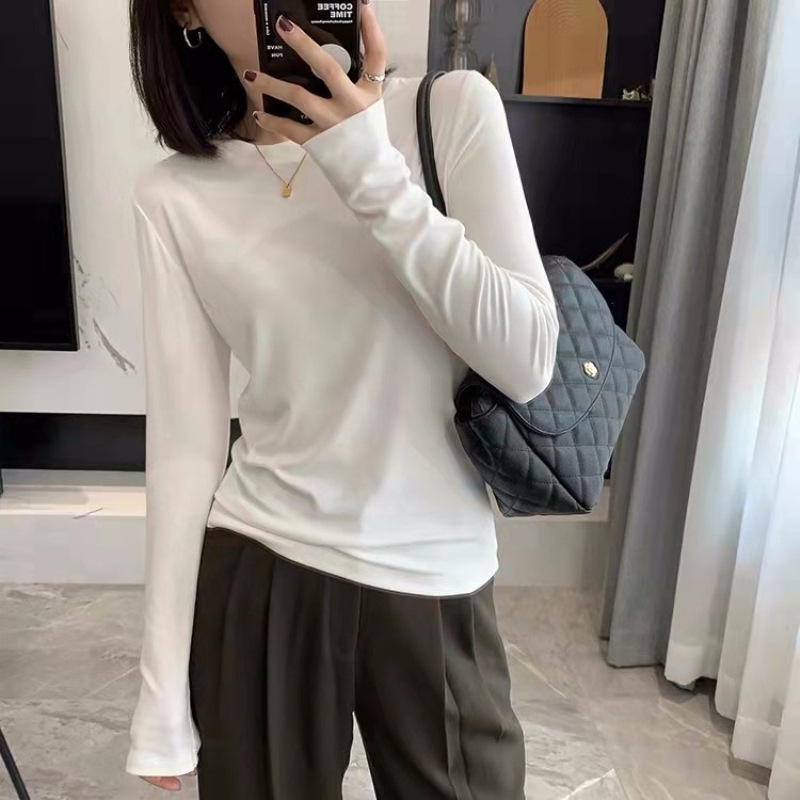 [Fleece-lined/Non-fleece-lined] Solid color round neck long-sleeve T-shirt for women, new autumn/winter style, slim-fit basic undershirt