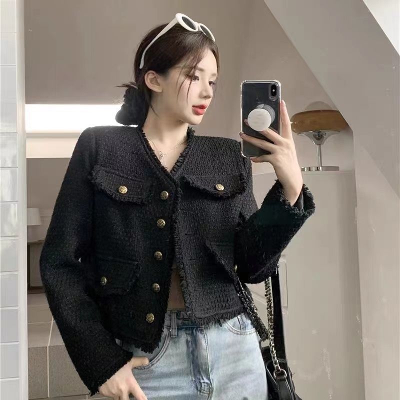 French Style Elegant Ladies Black Chanel Style Coat Women's Autumn and Winter New Tweed All-match Short Top