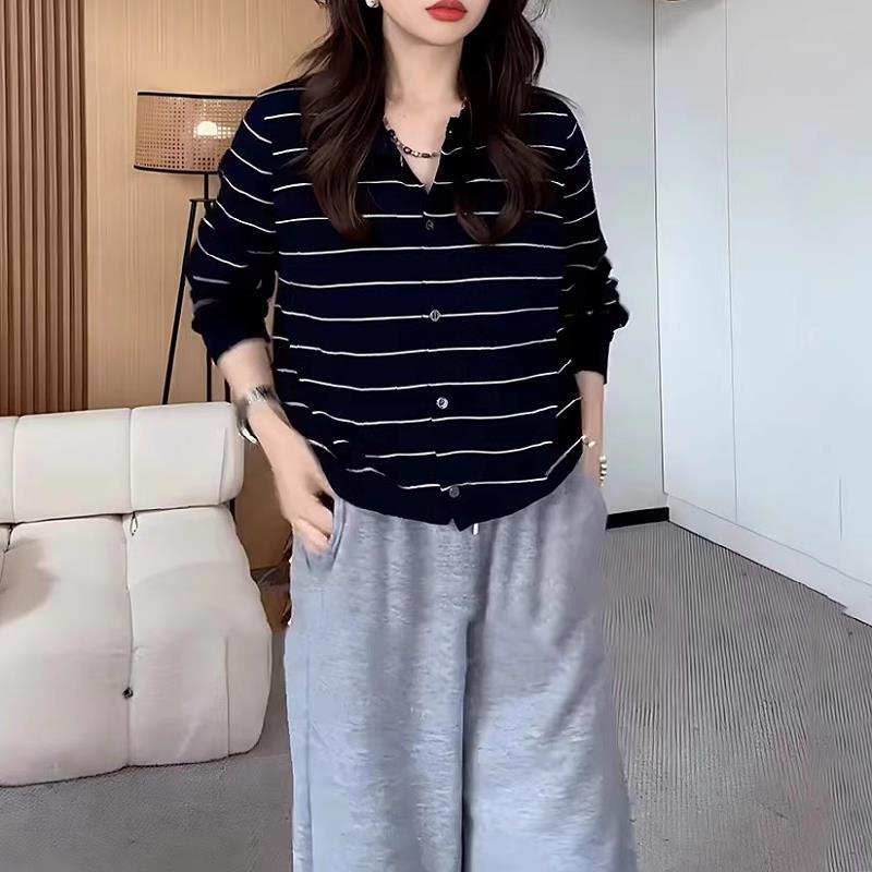 大码宽松慵懒风条纹毛针织衫女2025秋季新款洋气百搭正肩显瘦上衣|undefined