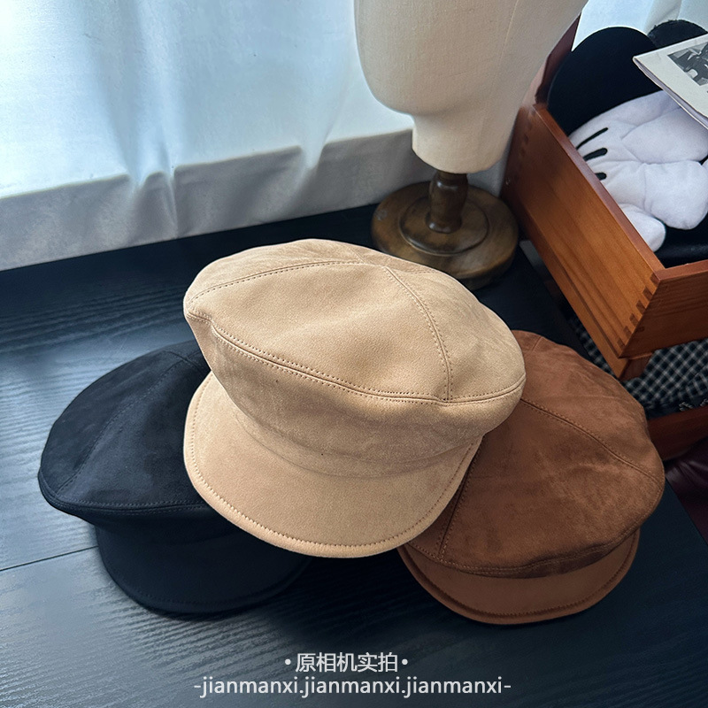 麂皮绒简约平顶软帽檐贝雷帽子女秋冬显脸小报童帽英伦风画家帽男|undefined