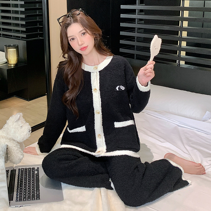 新款半边绒睡衣女秋冬甜美少女家居服加厚保暖开衫睡衣套装可外穿|undefined