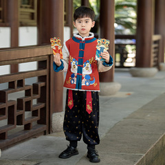 Children's winter overcoat set with down-filled Tang suit, two-piece set, boys' Chinese style Hanfu set, two-piece set for students, ancient costume performance attire