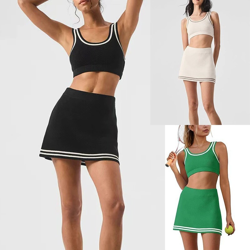 2025 Cross-Border Women's Summer Suit Sports Casual Breathable Color Knitted Casual Alo Sports Vest Short Skirt for Women 2025 Cross-Border Women's Summer Suit Sports Casual Breathable Color Knitted Casual Alo Sports Vest Short Skirt for Women
